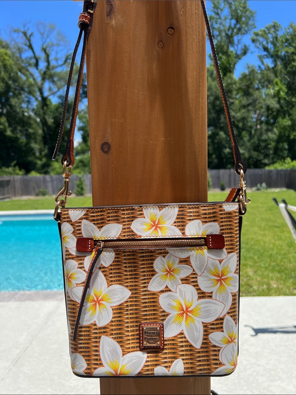 Dooney & Bourke Brown Wicker-Print Crossbody with White & Yellow Flowers